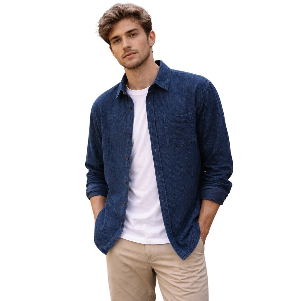 LINE OF TRADE Indigo Waffle‎ Knit Button Shirt Textured Pocket XL
